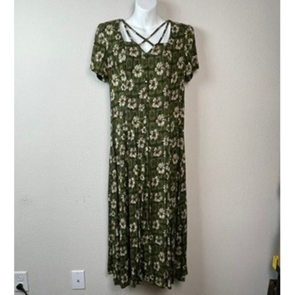 Vtg Floral Maxi Dress Womens Olive Green 90s Cottagecore Boho Forest‎ Fairy 7/8
